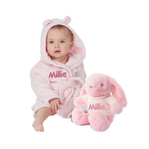 Personalised Embroidered Baby Robe Dressing Gown Teddy Bear Gift Set - Picture 5 of 8
