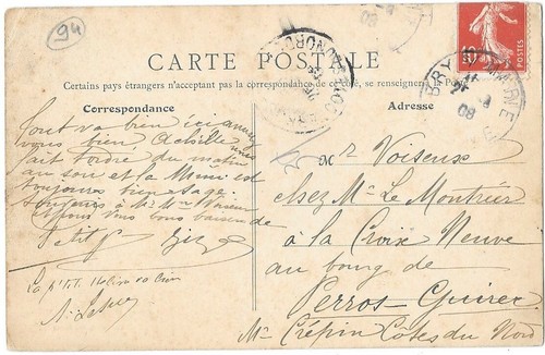 Bry-sur-Marne 94 Le petit Bras CPA écrite à Mr Voiseux de Perros-Guirec en 1908 - Picture 2 of 2
