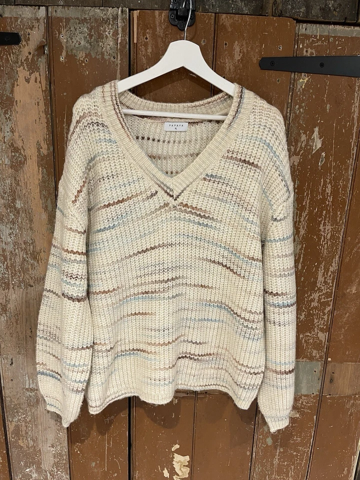 Suéter Suéter Jersey Papaya Crema Tinte Espacial Mancha Cuello en V Grueso Tejido XL Foto 2 de 4