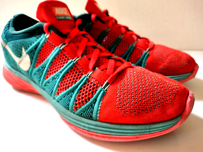 Nike Flyknit Lunar 2 Running Men Sz 9 Bright Crimson Sprite Turquoise 620465-600