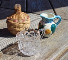 3 Unusual Pitchers: Glass Thumbprint, Ceramic with Pineapple, Woven Glass Bottle