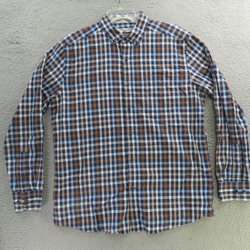 Johnston Murphy Hemd Herren Large Blau Kariert Langarm Knopfleiste Flip Cuff