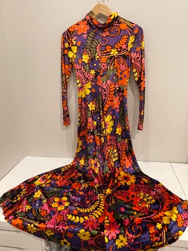 VTG 60s 70s MOD FLOWER POWER FLARE SKIRT LONG SLEEVE MAXI DRESS see description