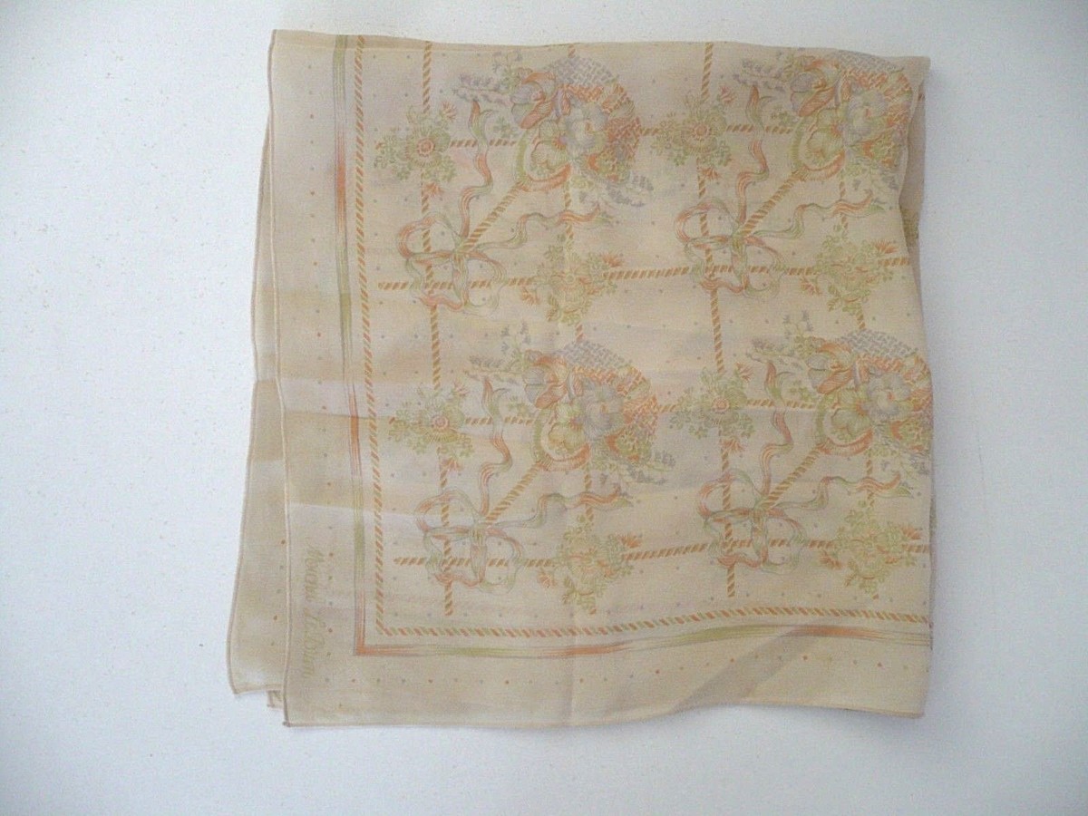 Carré Soie MICHEL LEBRUN - 57 Cm - Foulard Vintage Femme - Beige Clair Motif Floral