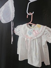 Vintage Infant Embroidered Dress With Matching Bonnet Lace Trim Set 3-6 Months
