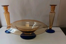 Art Deco Pairpoint Aurora Amber Cobalt Art Glass Console Bowl Set Candlestick