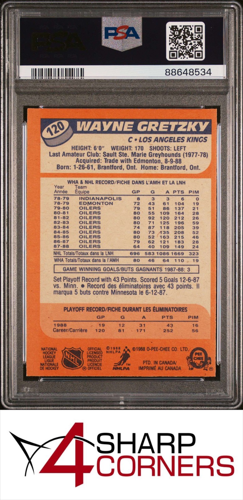 1988 O-PEE-CHEE #120 WAYNE GRETZKY KINGS HOF PSA 9 view 2