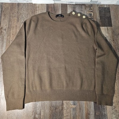 MNG Mango Babor Shoulder Buttons Jumper Sweater Women M Olive Green Gold Buttons