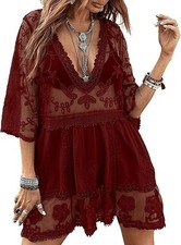 Women's Contrast Lace Bathing Suit Cover Up V-Neck Eomenie Loose Beachwear NWT