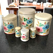 VTG Ransburg Hand Painted Canister Shaker Set 6pc Kitchen Bouquet Patina Craft