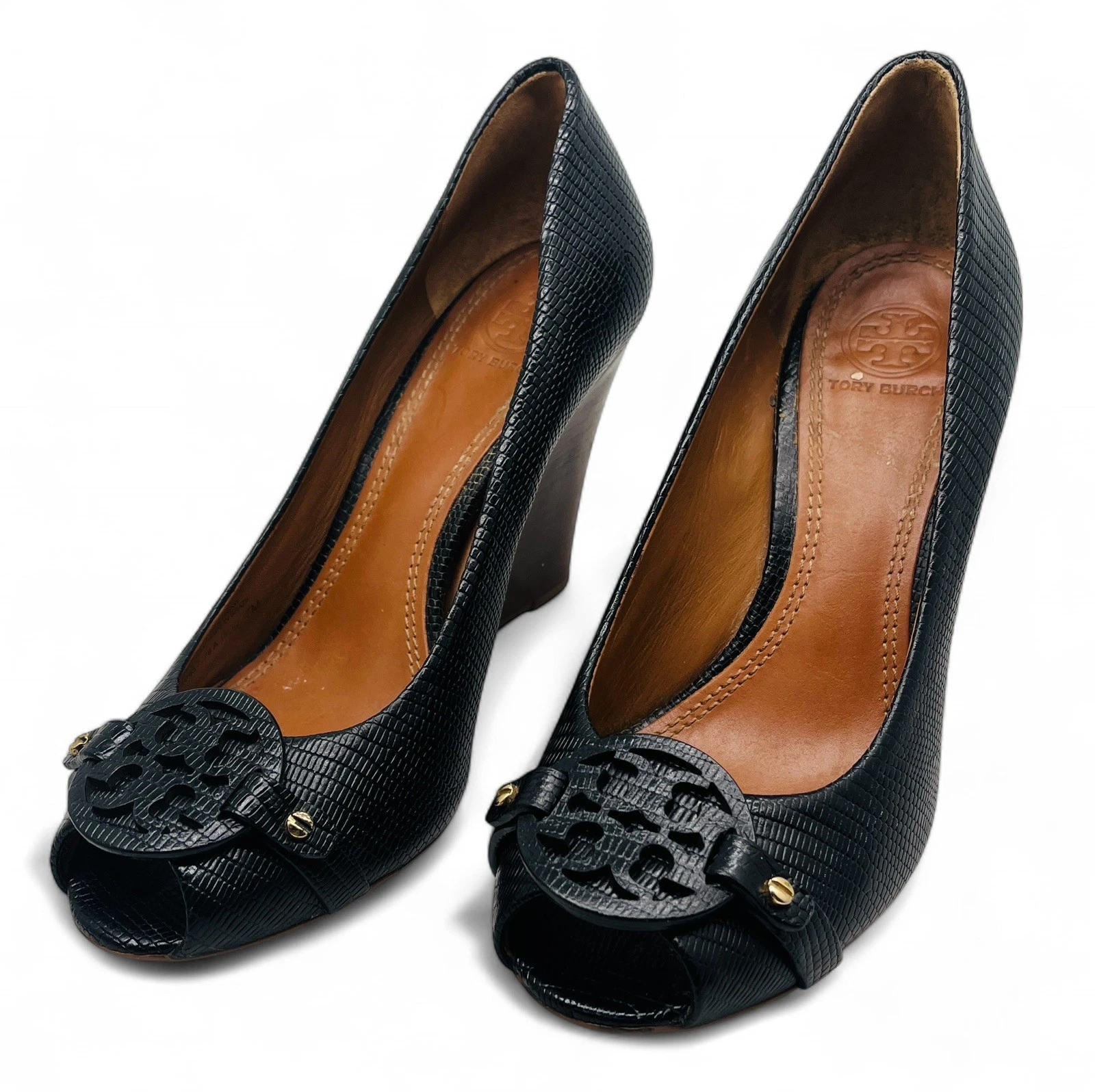 Scarpe décolleté Tory Burch Sally Peep Toe donna 7M nere pelle ciottolata tacco zeppa