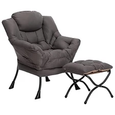  Lazy Chair with Foldable Ottoman, Accent Comfy Lounge Armchair Dark Grey&stool
