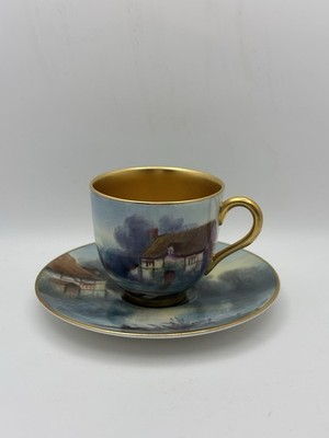 Royal Worcester Porcelain Coffee Cup Saucer Hand Painted Landscape Gold