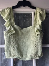 Ruffle Sleeve Tank SO Women Junior Medium Crochet Summer Camisole Green Crop Top