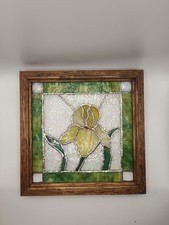 Vintage Handmade Stain Glass Iris Art Panel Framed Wall/ Window Hanging