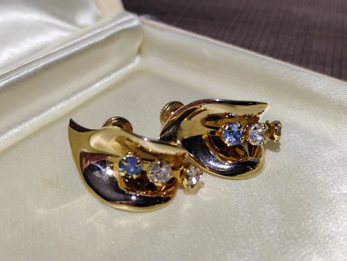 Vintage Wm. H. Block Co Crystal Brooch & Earrings Set Goldtone Blue Floral Deco - Picture 16 of 22