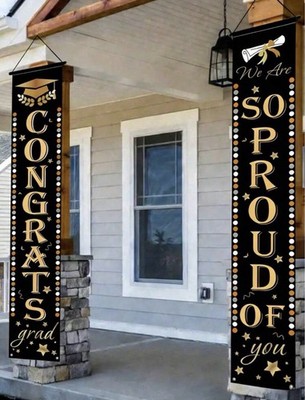 2pcs 2026 Graduation Decoration Set, Includes Doorway Curtain Black/Gold