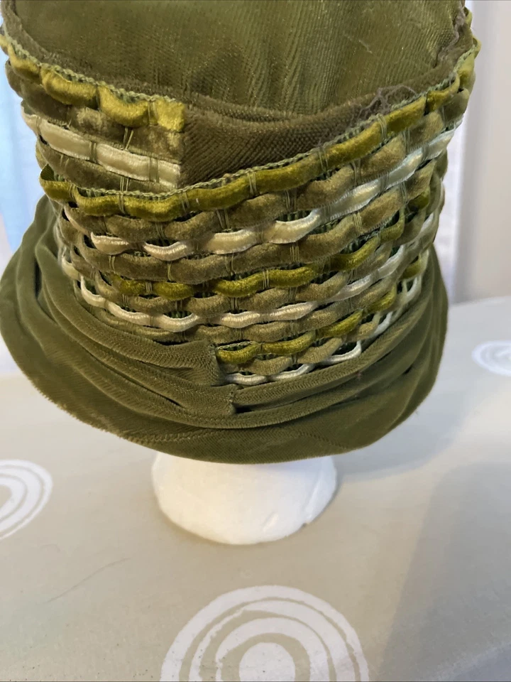 编织女士天鹅绒帽子绿色 40 年代 50 年代联盟制造多绿色圆顶 — 第 2/4 张图片