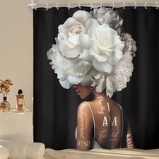Riyidecor African American Shower Curtain 72x72 White Peony Floral 12 Hooks
