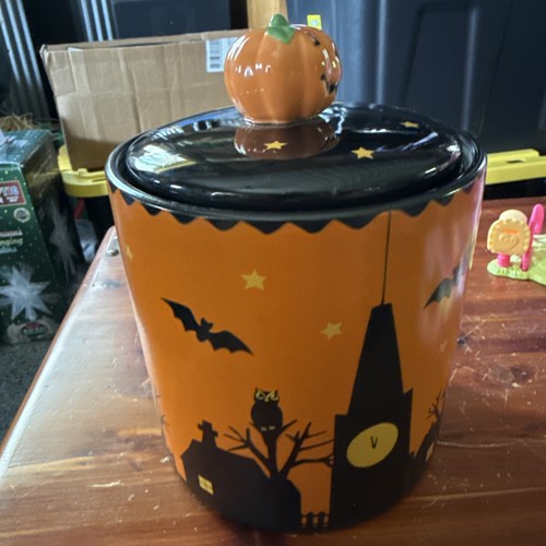 Halloween Kanister Spooky Town Hexe, Mond, Sterne, Fledermäuse, Eule, schwarze Katze, Kürbis - Bild 2 von 8