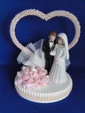 New Elegant Bride Groom Couple Caketop Pink Bead Crystal Heart Decor 405