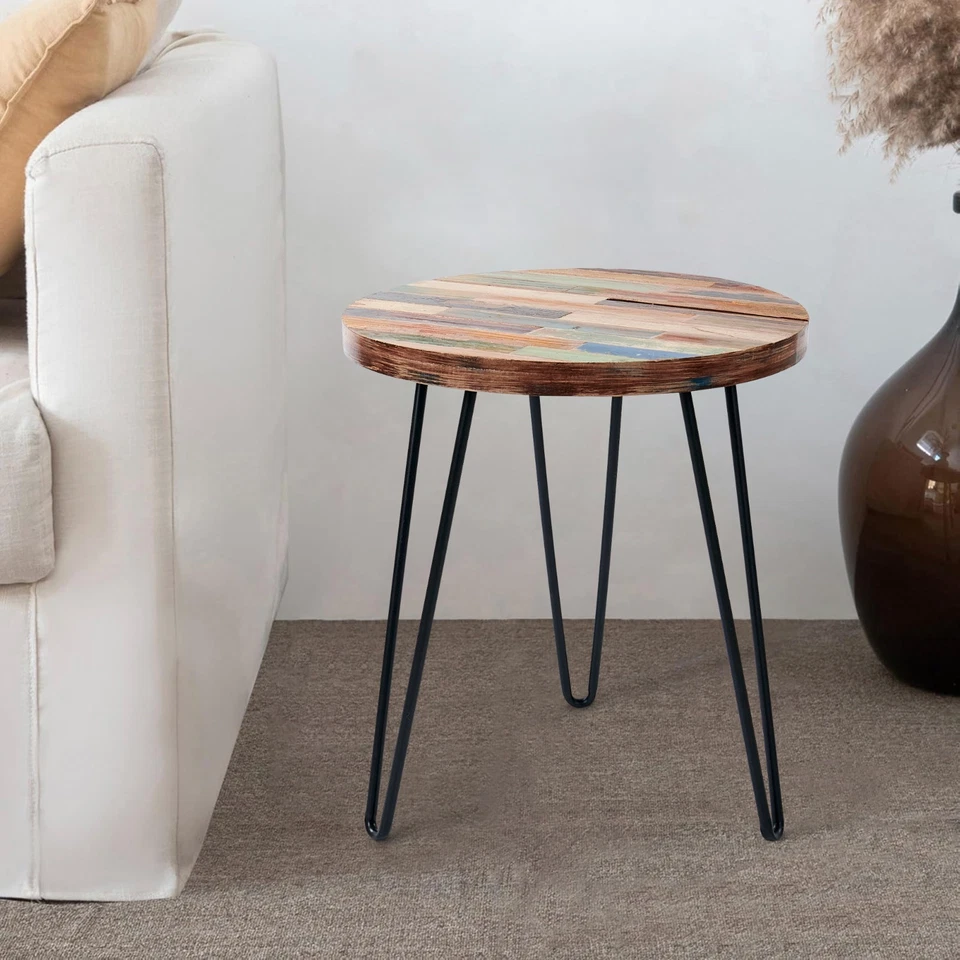 Greenage Side Table Reclaimed Wood Small Round Hairpin Leg End Table Night Stand - Image 4 of 4