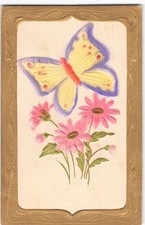 1909 Butterfly Insect Embossed Antique Airbrushed Greeting Postcard Flowers -D9