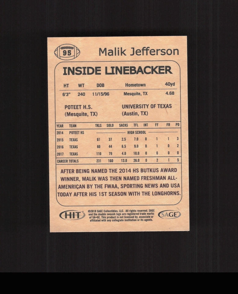 2018 SAGE HIT #95 Malik Jefferson  ROOKIE CARD - Image 2 of 2
