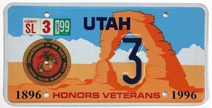 Utah 1999 Marine Corps USMC Honors Military Veterans License Plate Single Digit
