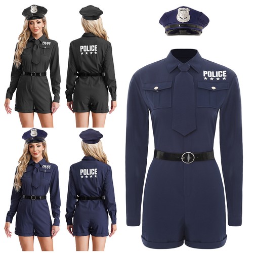 Women Leotard With Tie Belt Enforcement Rompers Party Dress Up Policewoman Fbi