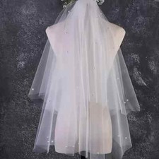2 Tier WHITE Wedding Bridal Veil Comb 24"  32" long layers faux pearls PRETTY
