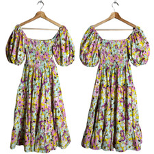 Pinch Puff Sleeve Floral Tiered Midi Dress Womens Small Smocked Boho Cottagecore