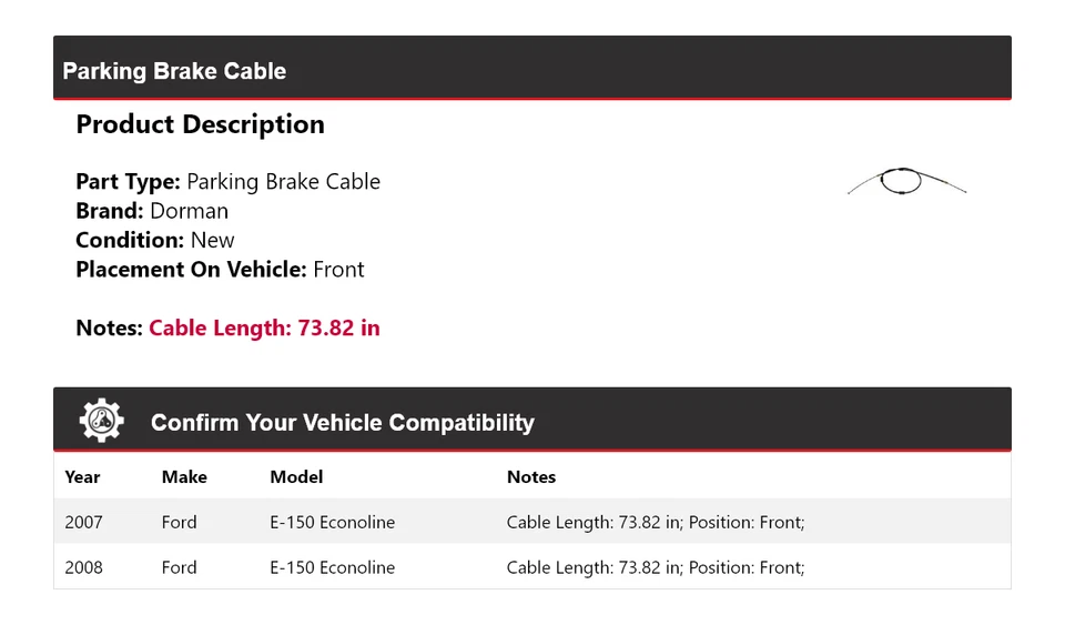 Cable de freno de estacionamiento delantero para Ford E-150 Econoline Dorman 2007-2008 Foto 2 de 3