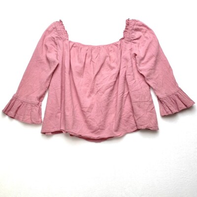 Women's Copper Key Pink Solid  Crop Top Peasant 3/4 Sleeve Blouse Top