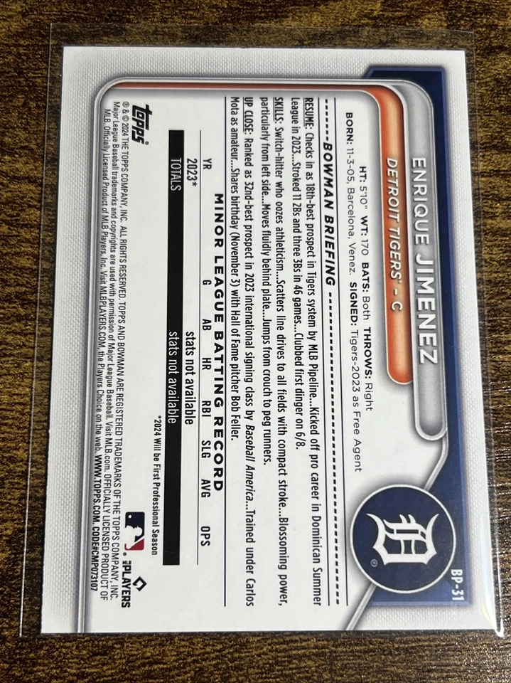 2024 Bowman Enrique Jimenez 1st Orange Parallel /25 #BP-31 Tigers - Image 2 of 2