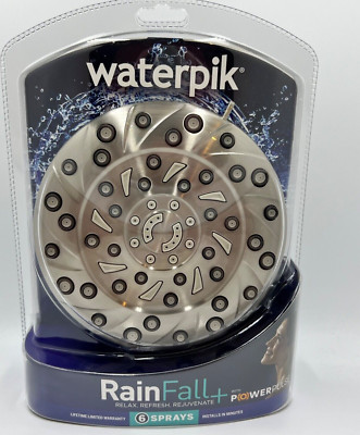 Waterpik Rain Fall Power Pulse 6 Sprays Shower head Brushed Nickel XEM-629E