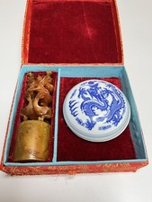 Chinese Dragon Syrett Stamp Seal Red Ink Blue & White Dragon Porcelain Dish
