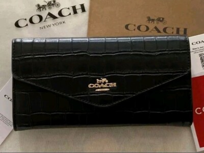 COACH OUTLET Crocodile Black Gold Logo Long Wallet Envelope Style Rare New