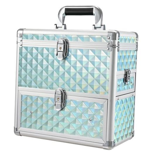 Extra Large Watery Blue Makeup Organizer Case with Drawer for Cosmetic Storage