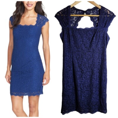Adrianna Papell Lace Cap Sleeve Open Back Sheath Dress Navy Blue Size 10  Petite | eBay