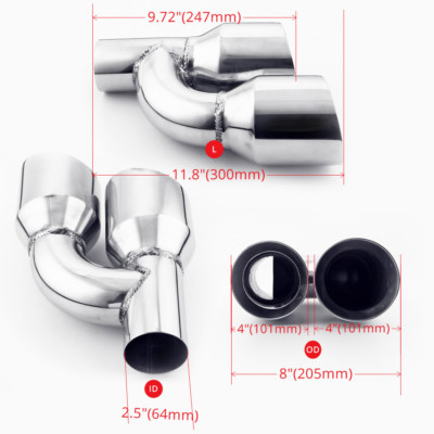 Pair Offset 2.5'' In Quad 4'' Out Dual Wall Exhaust Tips Stainless Steel Slant Cut