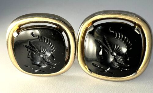 Vintage Manschettenknöpfe mit Onyx Intaglio vergoldeter Fassung Antiker Krieger