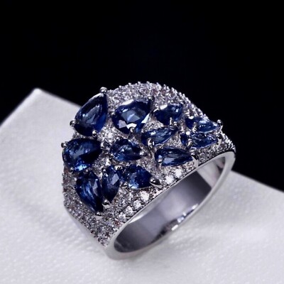18k White Gold Filled Lab Blue Sapphire Cocktail Ring Elegant Wedding Gift