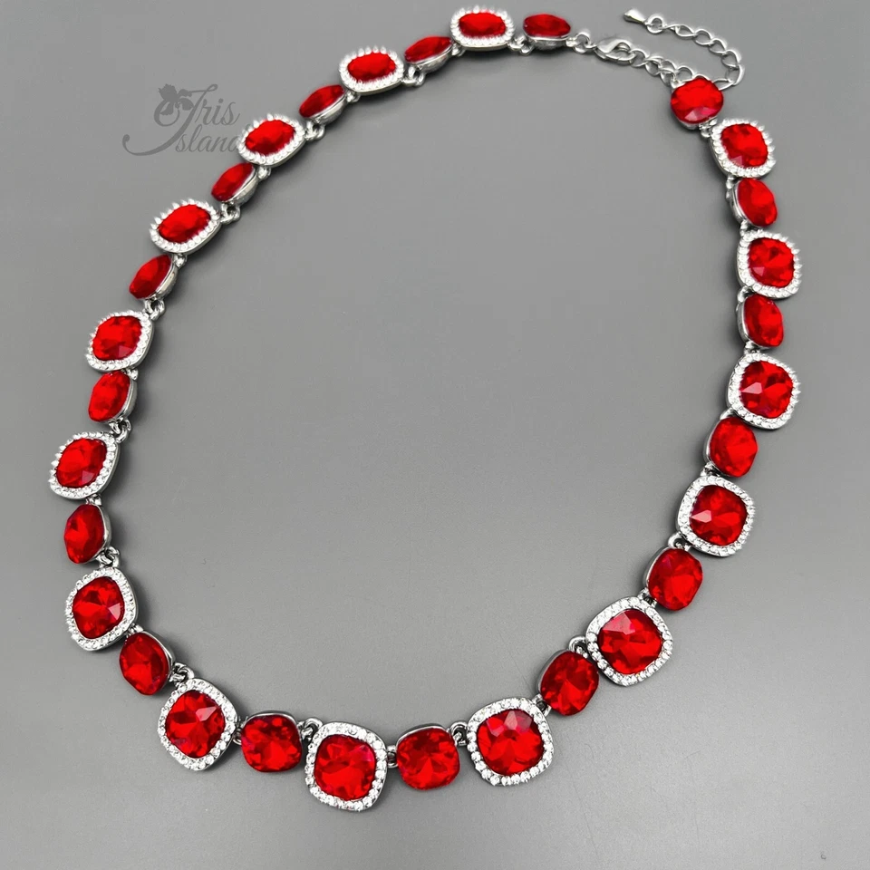 Colar de tênis feminino almofada vermelha cristal strass babador joia tom prata 48 - Imagem 3 de 4