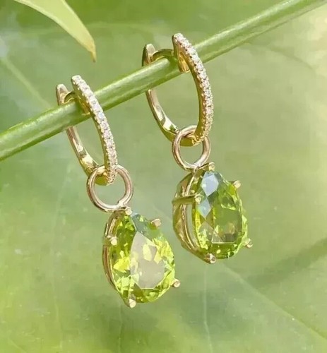 3Ct Pear Cut Lab Created Green Peridot Drop Dangle Earrings 14k Yellow Gold Over - Picture 4 of 5