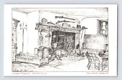 Postcard Delaware New Castle DE Amstel House Kitchen Moll Sketch 1970s Unposted