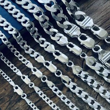 Real 925 Sterling Silver Mens Diamond Cut Curb Cuban Chain Bracelet or Necklace