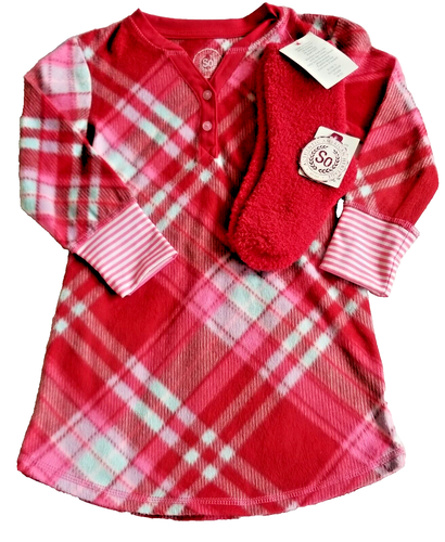 SO Red Plaid Cozy Fleece Christmas Nightgown & Socks Toddler Girl's Size 4 - NWT