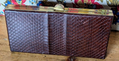 Vintage braun Schlangenleder Reptilleder Messingrahmen harte Seite Clutch Box Handtasche - Bild 1 von 19