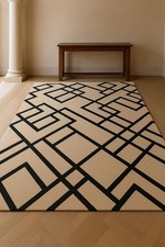 Nouveau tapis touffeté à la main 100 % laine couleur beige et noir design tap...